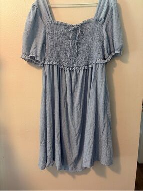Light Blue Smocked Women’s Dress with Puff Sleeves